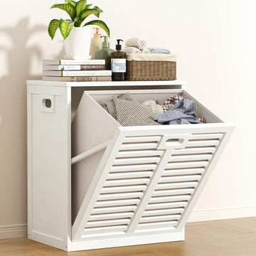 Tilt Out Laundry Hamper, Bamboo Laundry Cabinet with Hidden Removable Basket,Dirty Clothes Storage Organizer , White