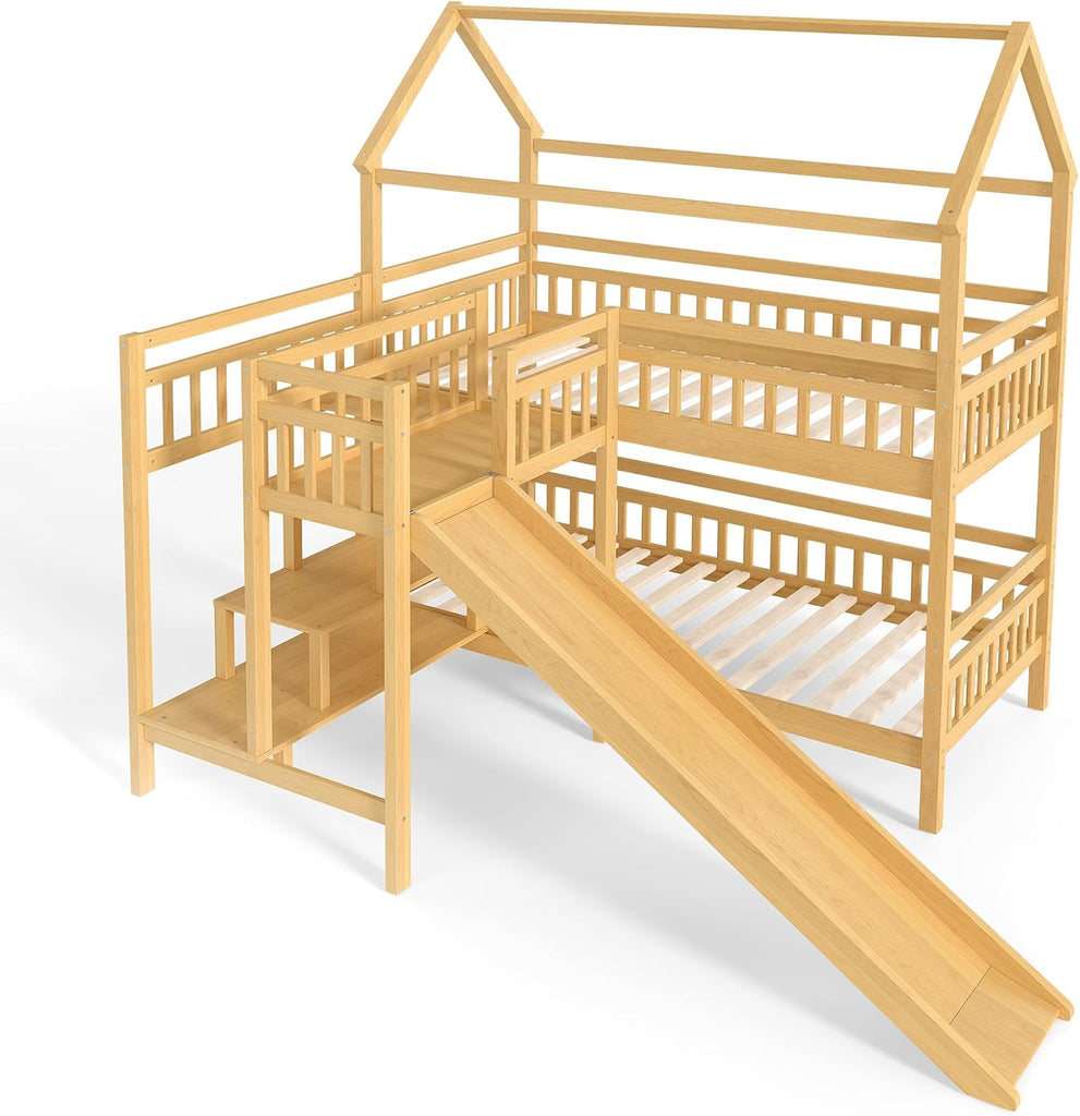 Twin over Twin Bunk Bed with Playhouse Design Roof, House Bunk Beds with Storage Stairs & Slide, Wood Bunkbed for Kids