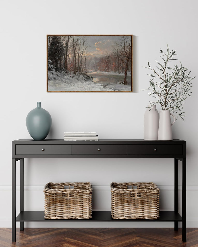 Vintage Framed Canvas Wall Art, Christmas Wall Art, Snow Straem River Tree Cloud Farmhouse Landscape Art Hanging