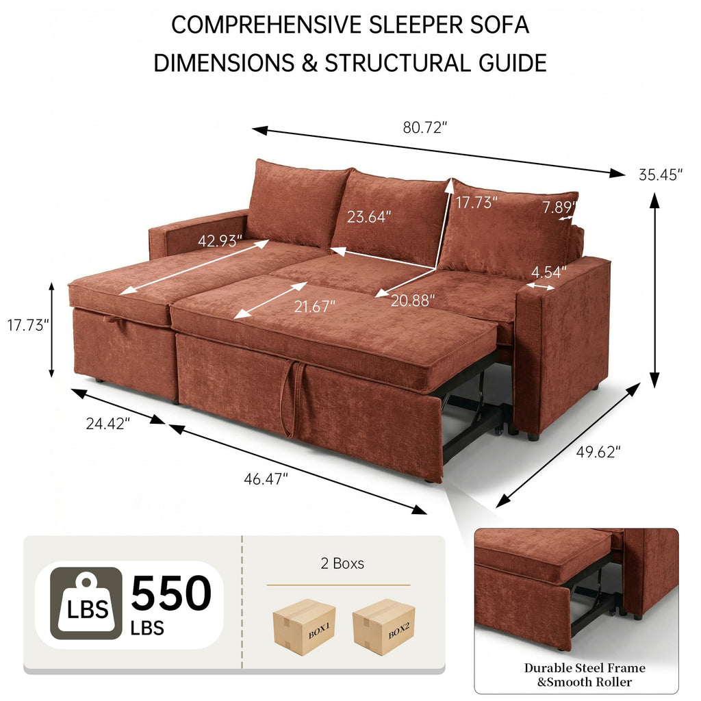 81" Sofa Bed - Sleeper Couch with Storage, Terracotta