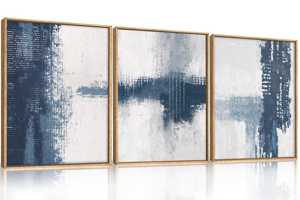 Abstract Navy Blue Grey Framed Canvas Wall Art Set, Modern Minimalist Wall Decor, Neutral Brush Stroke Artwork