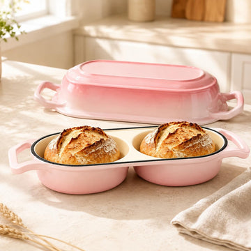 Double Dutch Oven for Sourdough Bread Baking, 2.4QT Enameled Cast Iron Bread Baker with Lid, Dual 1.2QT Round