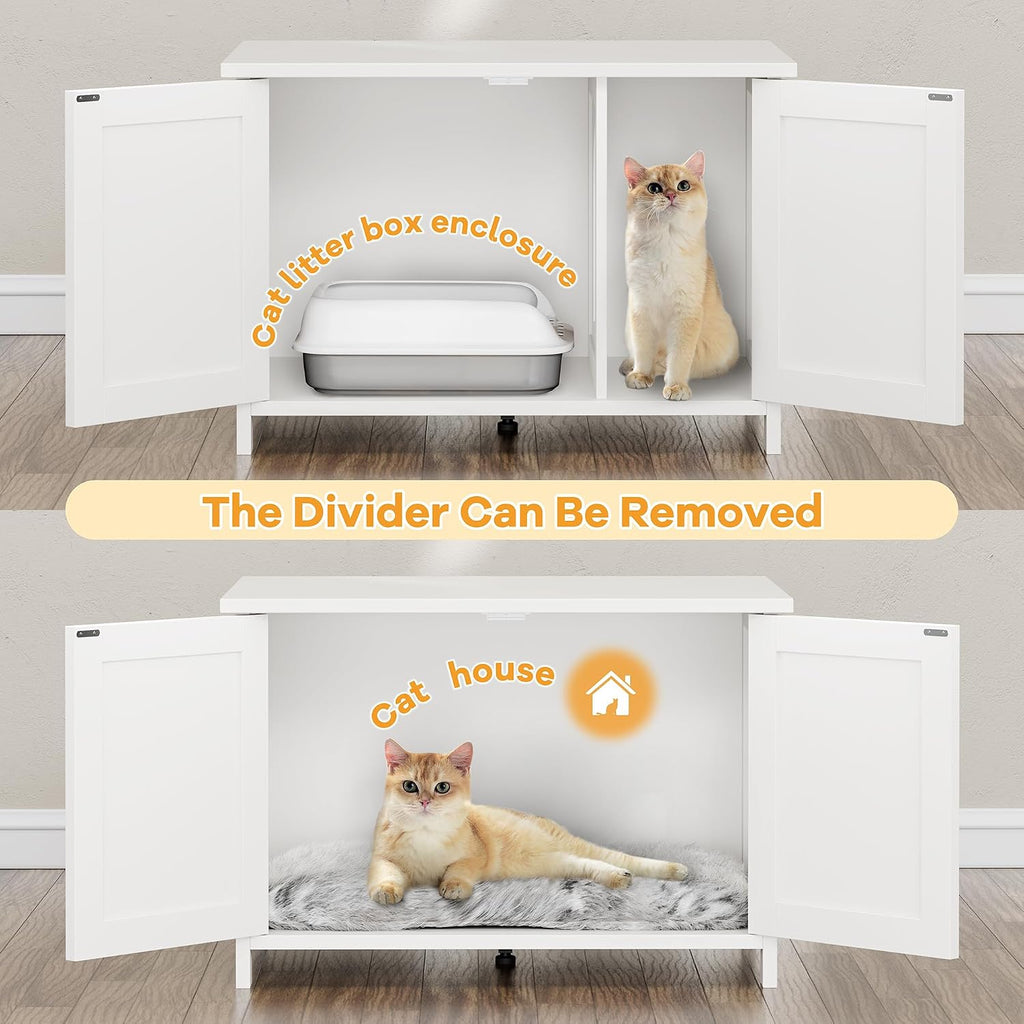 Cat Litter Box Enclosure, Litter Box Furniture Cabinet Hidden with Removable Divider, Wooden Cat House with End