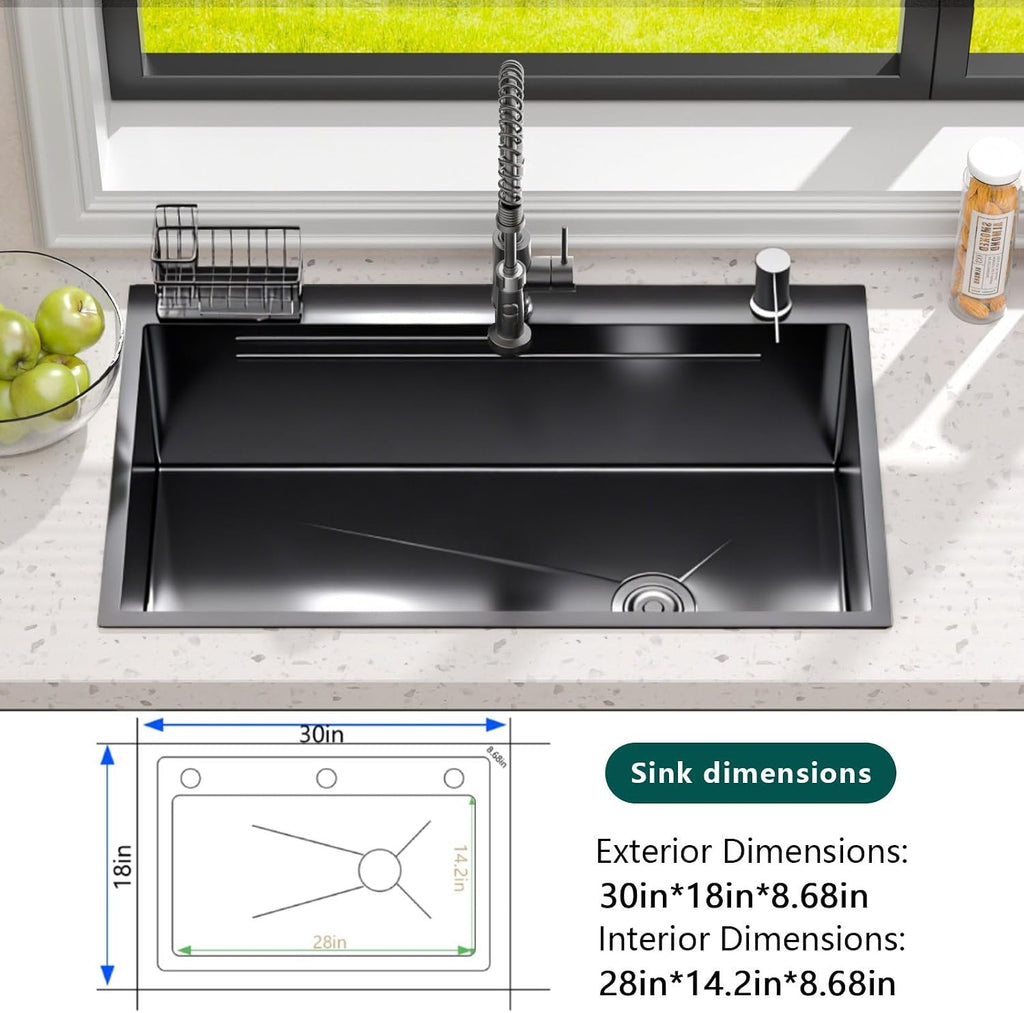Black Drop- Sink:30in Stainless Single Bowl Sink &Accessories | Spacious 30-Inch Workstation Sink with 7-in-1