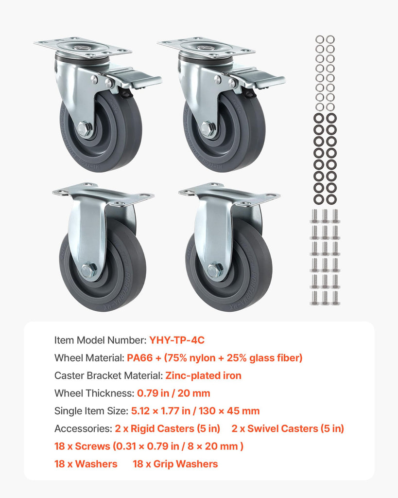 Caster Wheels, 5 Inch Heavy Duty Casters, Compatible with Insulated Food Pan Carrier, Set of 4 (2 Swivel with Brake