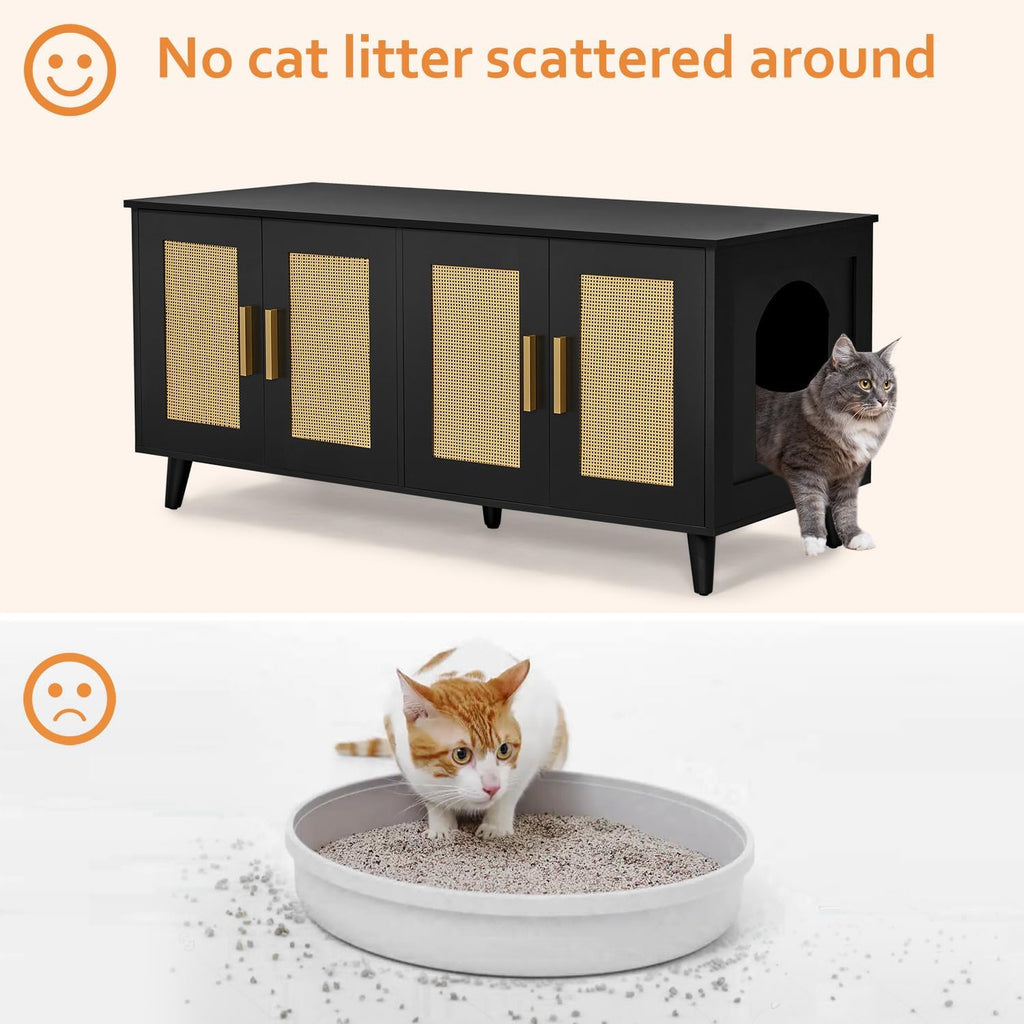 Boho Cat Litter Box Enclosure for 2 Cats, Black and Natural