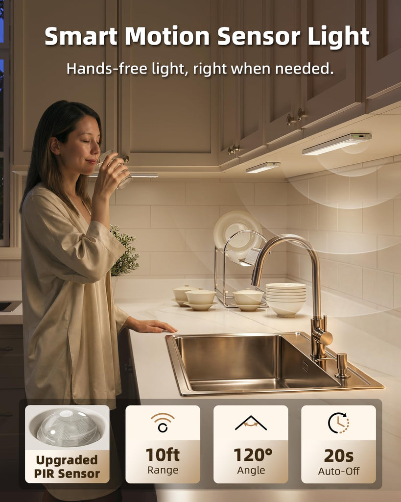 Under Cabinet Lighting Wireless, 6Pack 12'' Rechargeable Closet Lights, LED Motion Sensor Indoor, Dimmable & 3 Color