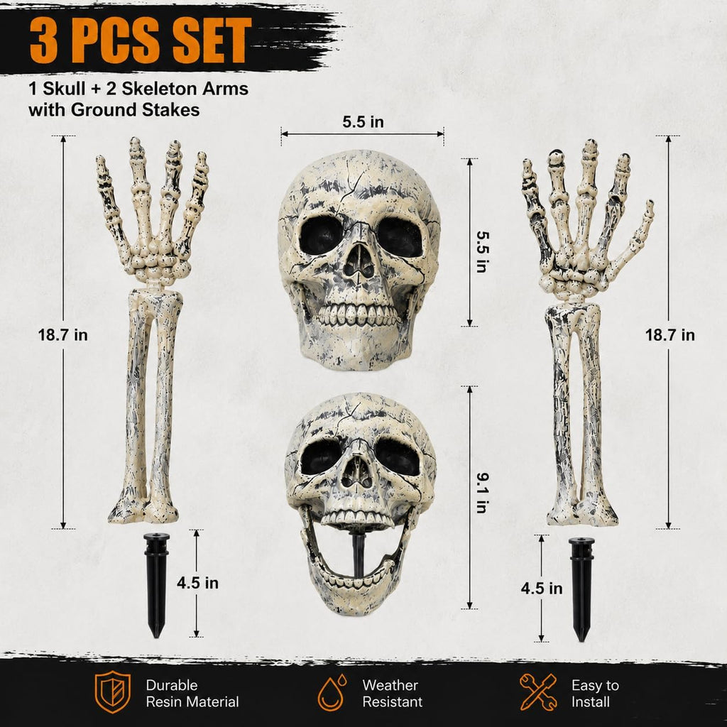 Skeleton Groundbreaker, Skull Stakes for Halloween Decorations Outdoor - Set of 3