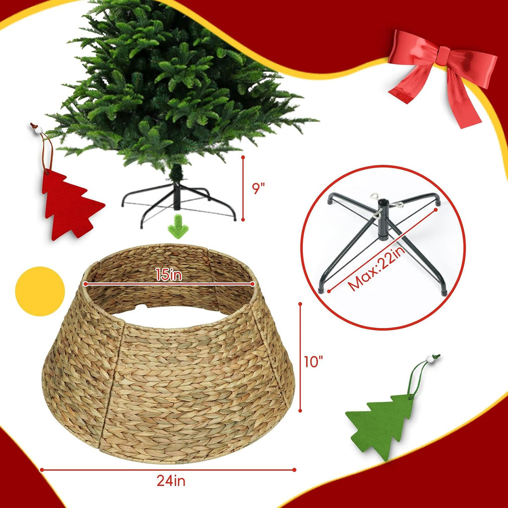Handcrafted Farmhouse 24in Christmas Nat. Woven Tree Skirt & Base Cover