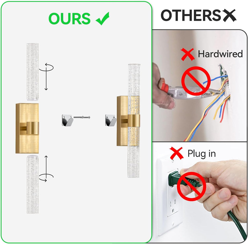 Battery Operated Wall Sconces Set of 2, 10000mAh Gold Rechargeable Wall Lights with Remote, Dimmable Wireless Wall