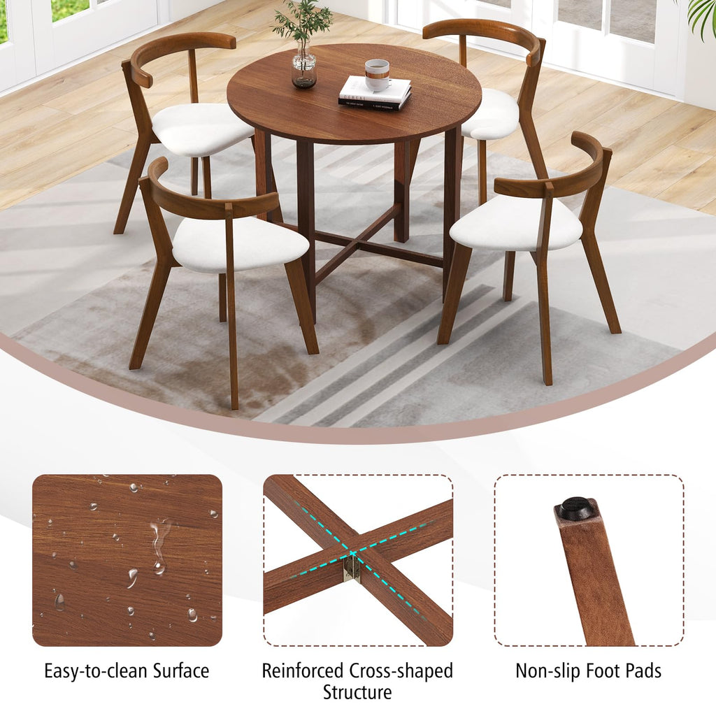 36" Folding Dining Table for 2-4, Extendable Drop Leaf Kitchen Table with Solid Rubber Wood Frame, Space-Saving Round