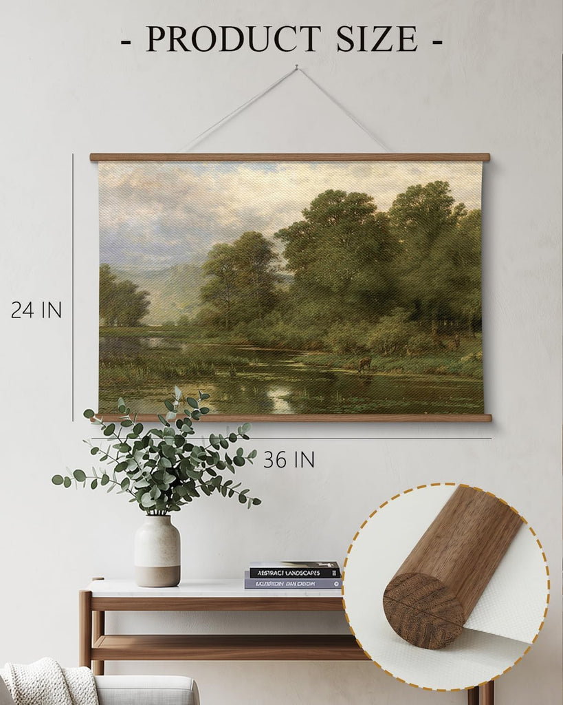 Large Landscape Canvas Wall Art , Vintage Forest Lake Painting Hanging Scroll, Rustic Nature Wall Decor with