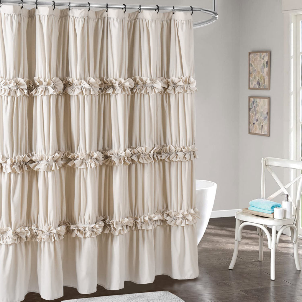 Camel Ruffle, Vintage Handcrafted Bow Tie Bath Curtain for Master Bathroom, Ruched Microfiber Bathroom Curtain with