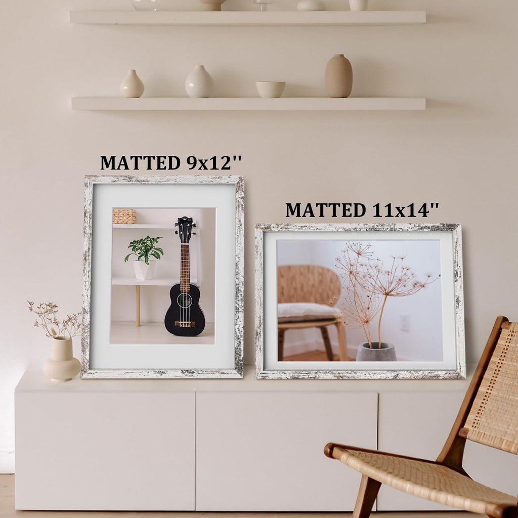 12x16 Picture Frame Rustic White Covered by Plexiglass Made of Solid Wood, Display Pictures 9x12 and 11x14 with Mat
