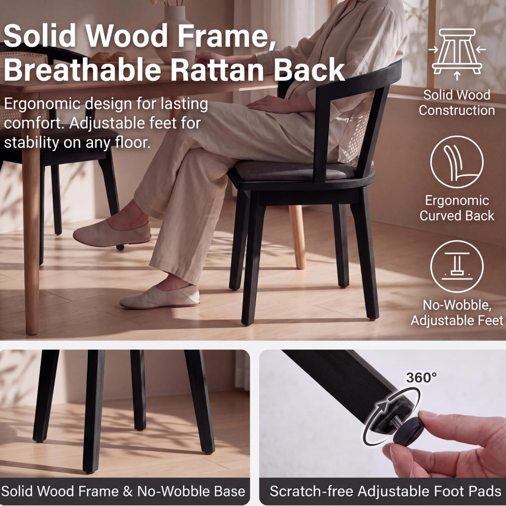 Rattan Mid Century Dining Chairs Set of 8 Modern Farmhouse Dining Room Chairs with Cane Curved Back and Black Wooden