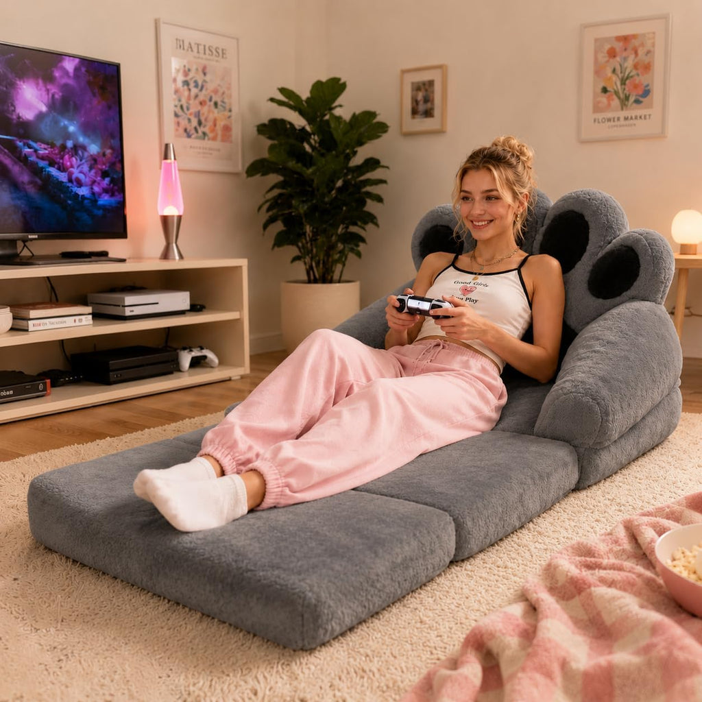 2-in-1 Folding Sofa Bed, Convertible Sleeper Chair, Cat Paw Backrest