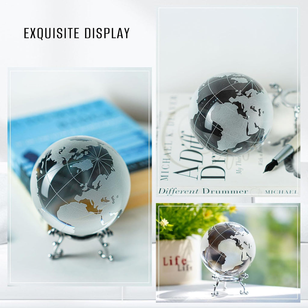 3.15in Crystal Earth Globe with Stand Glass World Globe Paperweight
