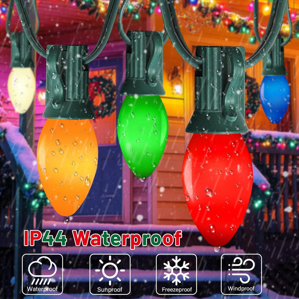 50FT C7 LED Multicolor Christmas Lights, Outdoor String Lights with 55 Multicolor LED Ceramic Bulbs(5 spare), Vintage