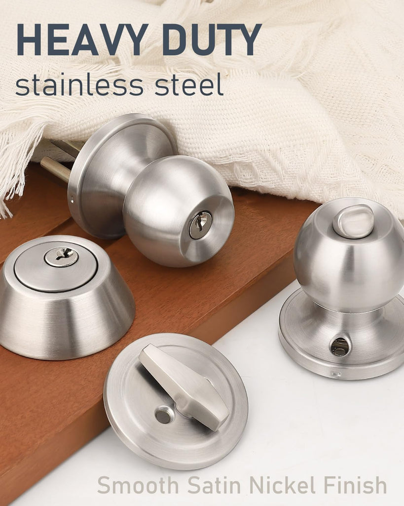 3 Pack Keyed Entry Door Knob and Single Cylinder Deadbolt Combination Set in Satin Nickel, Exterior Door Knob with