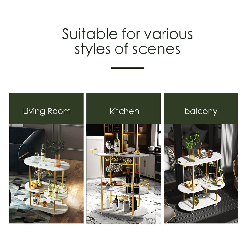 Gold Bar Carts with 4-Tier Storage Shelves, Mobile Bar Serving Cart with Wine Rack and Glass Holder, for The Home