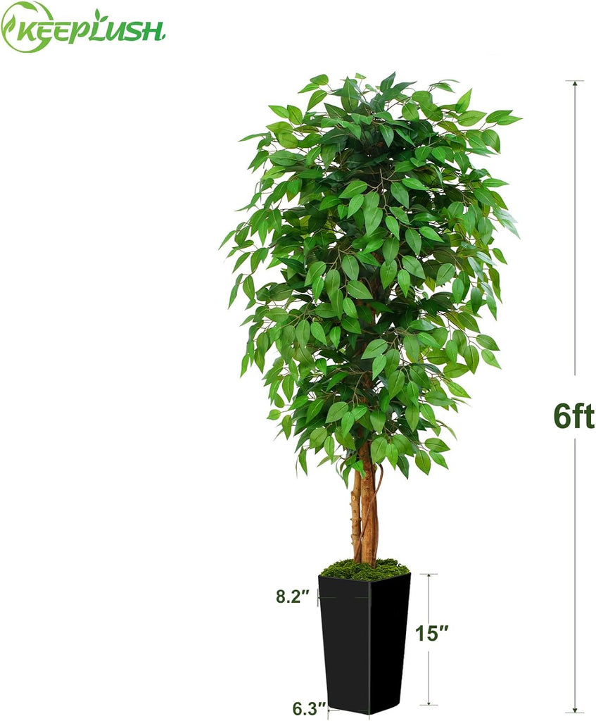 6ft Ficus Artificial Tree with 3 Natural Curved Trunks, 74" Tall Lush Faux Tree Decor Indoor, Green Lifelike Fake