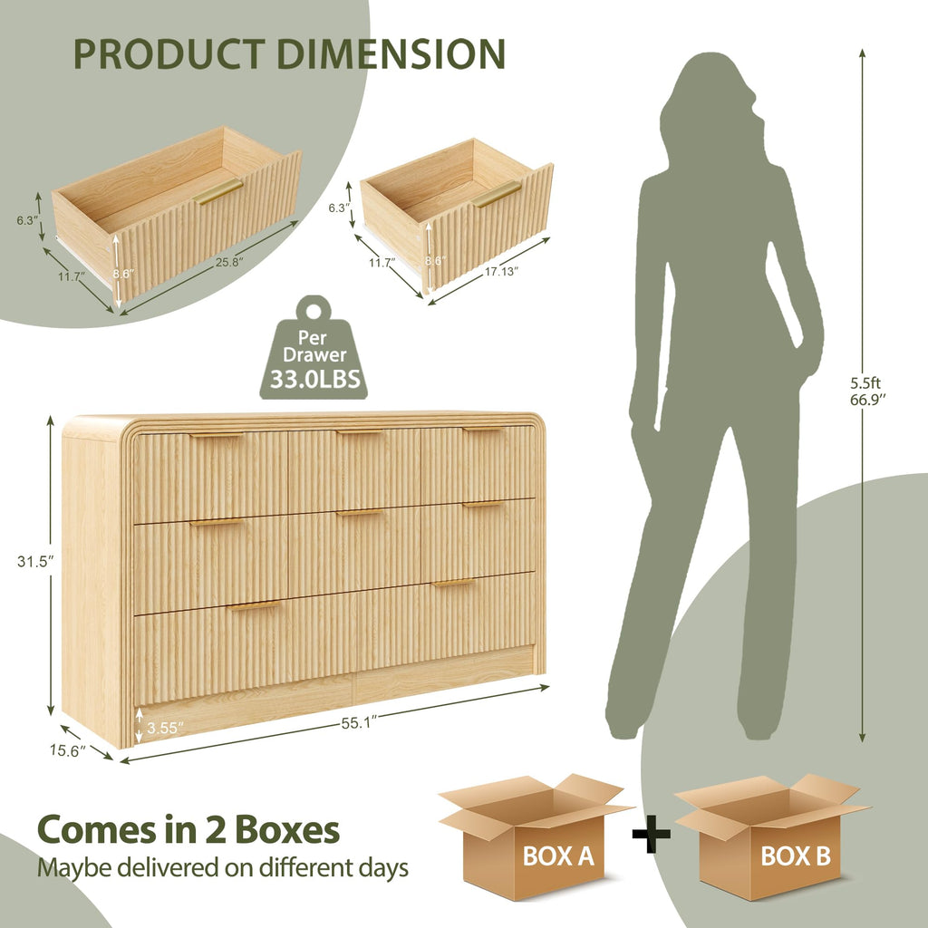 55" W Fluted 8-Drawer Dresser, Natural Oak