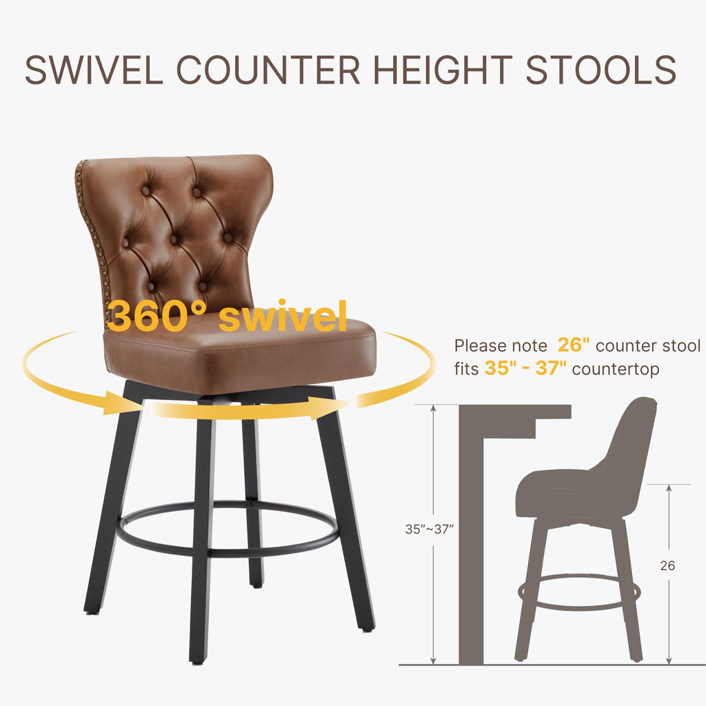 Counter Height Barstools 26 inch Upholstered Button Tufted Swivel Bar Stools with Back Island, Set of 2, Brown PU