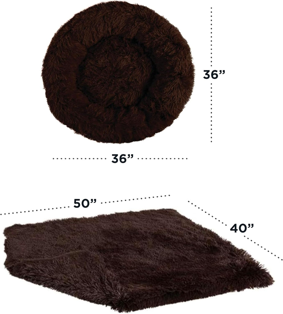 Bundle Set The Original Calming Shag Donut Cuddler Cat and Dog Bed + Pet Throw Blanket, Dark Chocolate, Large, 36x36