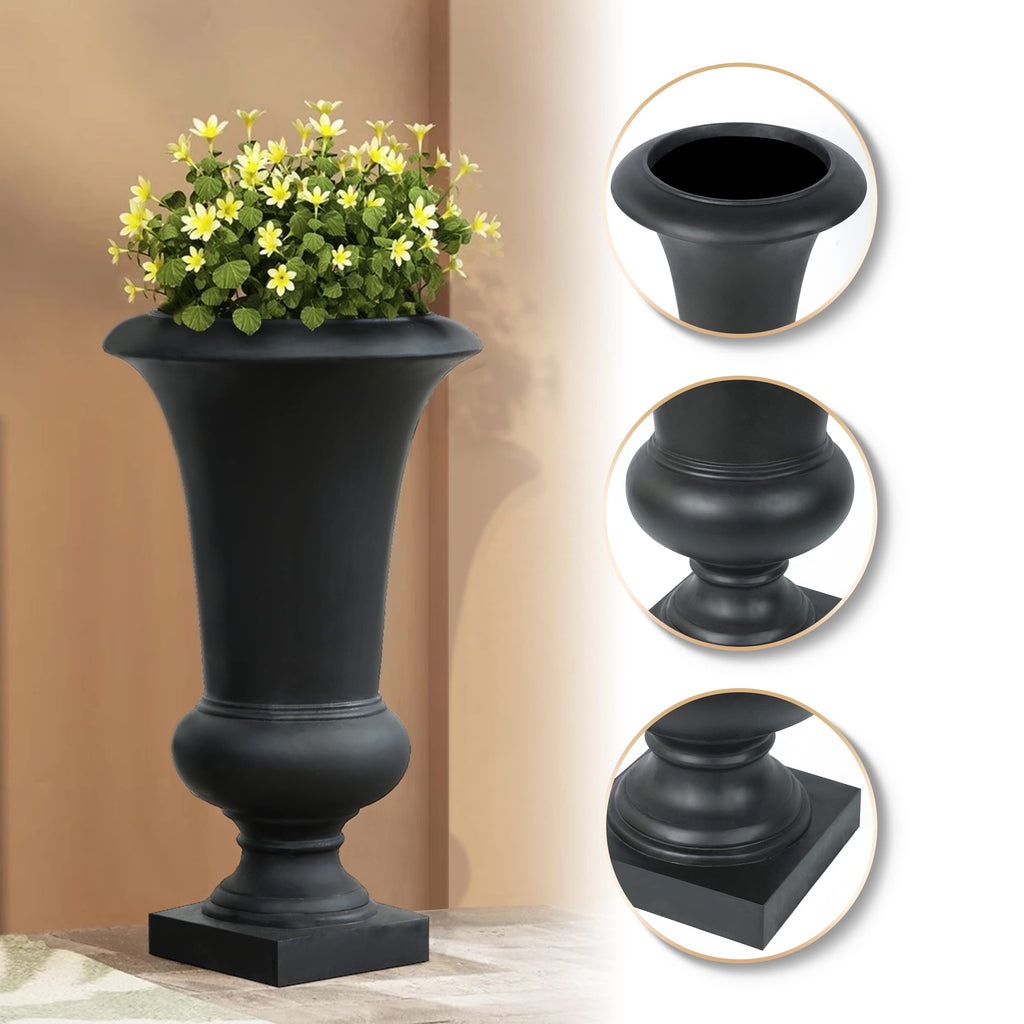 LuxenHome 23" Black Tall Urn Planter Pot with Drainage Hole and Rubber Plug