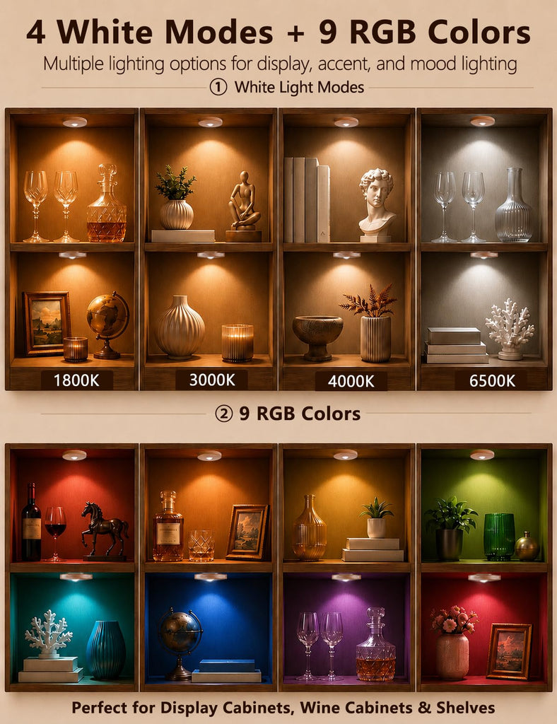 Puck lights with remote, 2000mAh rechargeable cabinet light, Under Cabinet Lighting Wireless, Display Cabinet