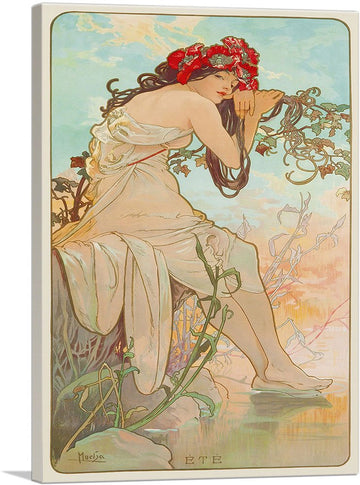 Summer 1896 Canvas Art Print Stretched Framed Painting Picture Poster Giclee Wall Decor by Alphonse Mucha - 12" x 8"