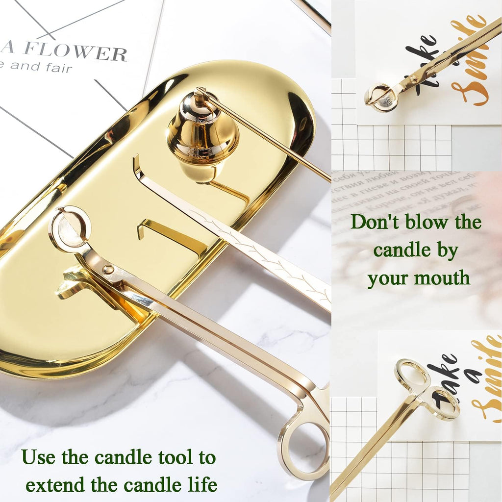 4 in 1 Candle Accessory Set - Wick Trimmer, Snuffer, Dipper, Storage Tray for Candle Lovers, Holidays (Gold) - Set of 4