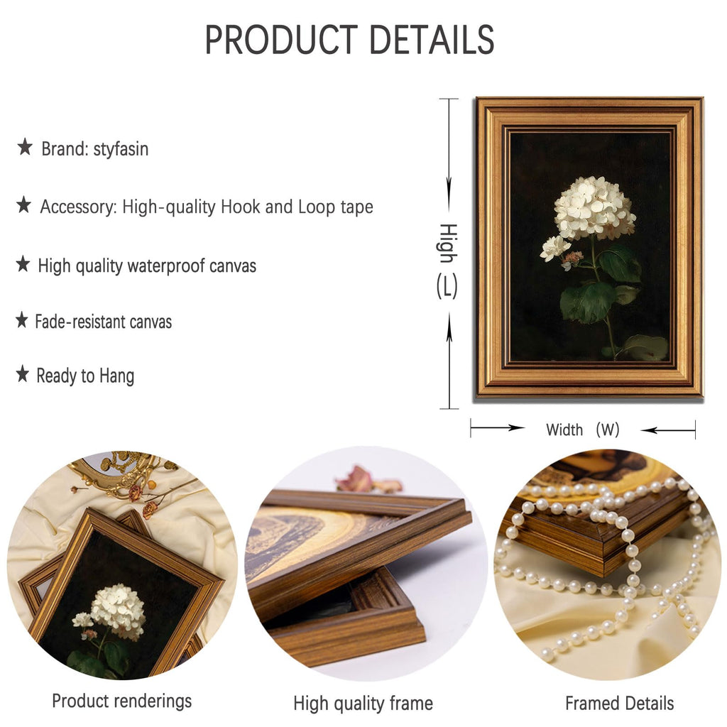 Gold Framed Moody Flower Canvas Wall Art White Hydrangea Living Kitchen painting Decor Pictures Bedroom Vintage Plant