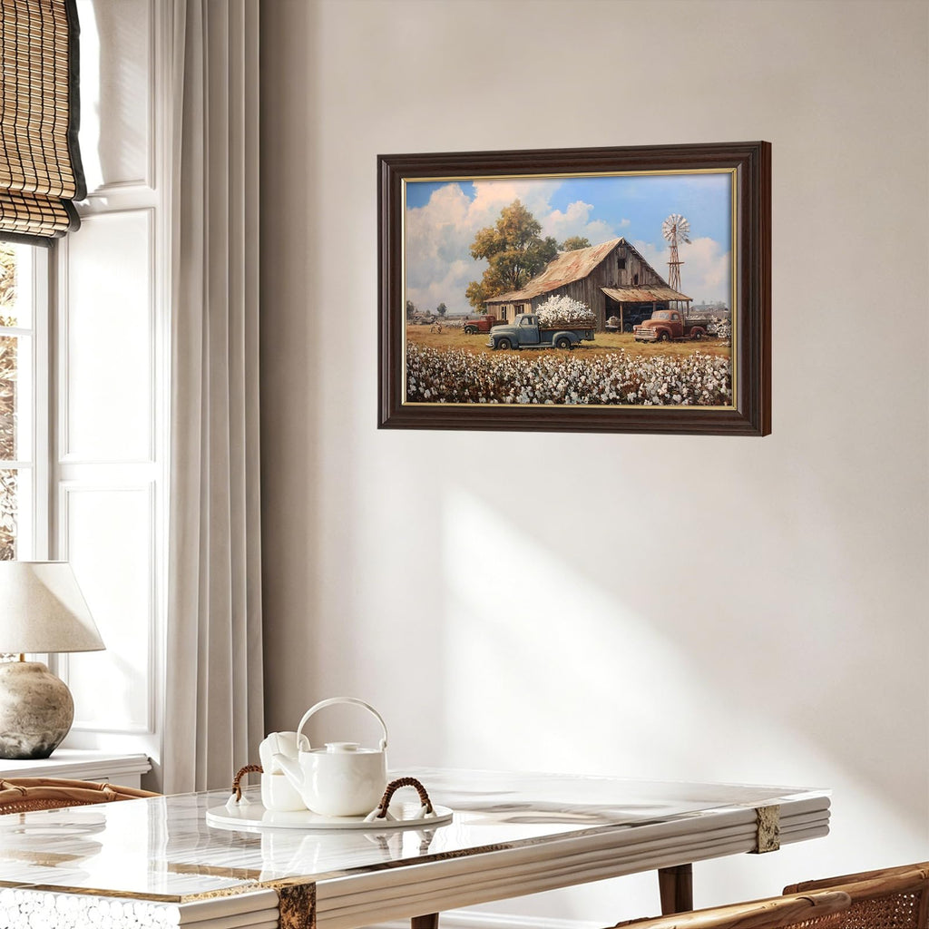 Vintage Framed Cotton Field Canvas Wall Art, Old Farm Trucks with Windmill Canvas Prints Pictures, Southern Farmhouse