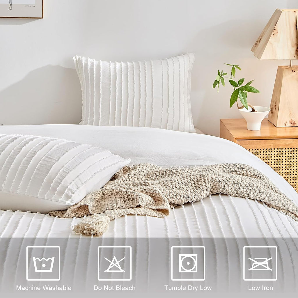 White Boho Duvet Cover Set King, Striped Textured Duvet Cover Tufted Bedding Set, 3 Pcs Ultra Soft Washed Microfiber