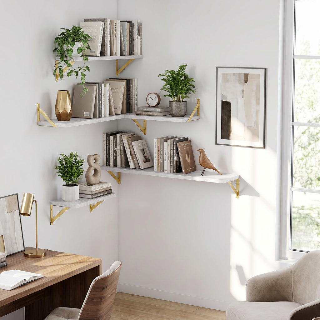Wall Mounted Floating Shelves Set of 2, 36x8, White&Gold