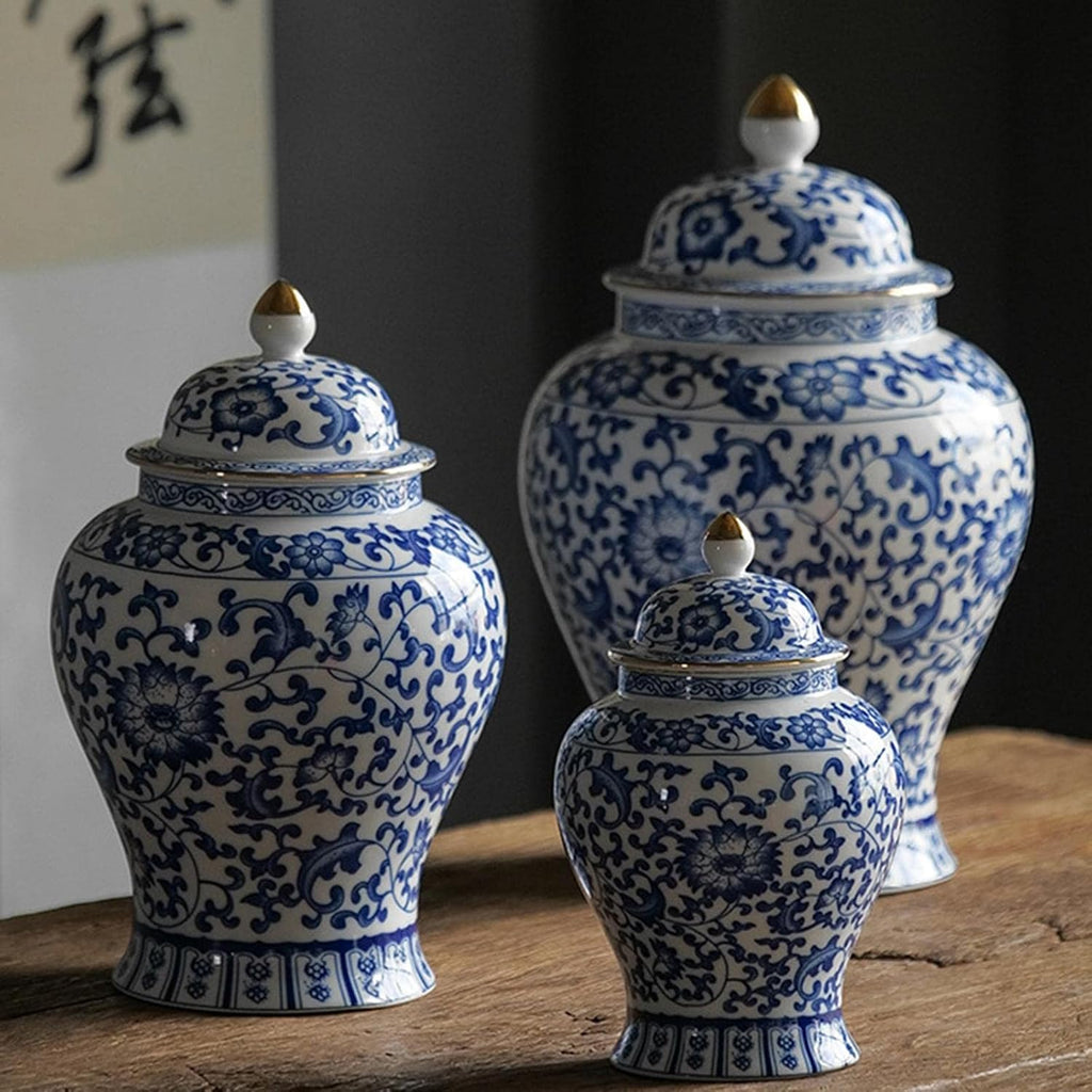 Blue and White Ceramic Ginger Jar with Lid, Chinoiserie Decorative Vase Decor, Table Centerpiece, Style