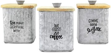 Farmhouse Galvanized Canisters (Set of 3); Storage Containers for Coffee, Tea and Sugar in Galvanized Iron and Wood