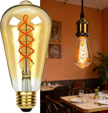 ST64 Edison LED Bulb - Golden Tint Glass, 4W Dimmable Decorative Light with Spiral Filament, E26 Base and 110-130V
