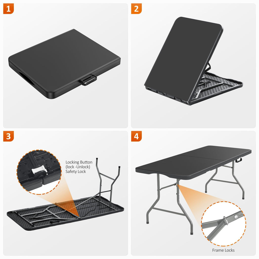 8 Foot Folding Table 350 LBS Heavy Duty, 18% Thicker HDPE Waterproof Top, Portable Fold in Half with Carry Handle and