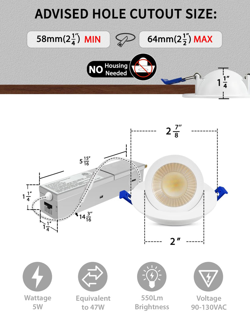 2 Inch Gimbal LED Recessed Light, 5CCT, 5W, 550LM Brightness, 4 Pack