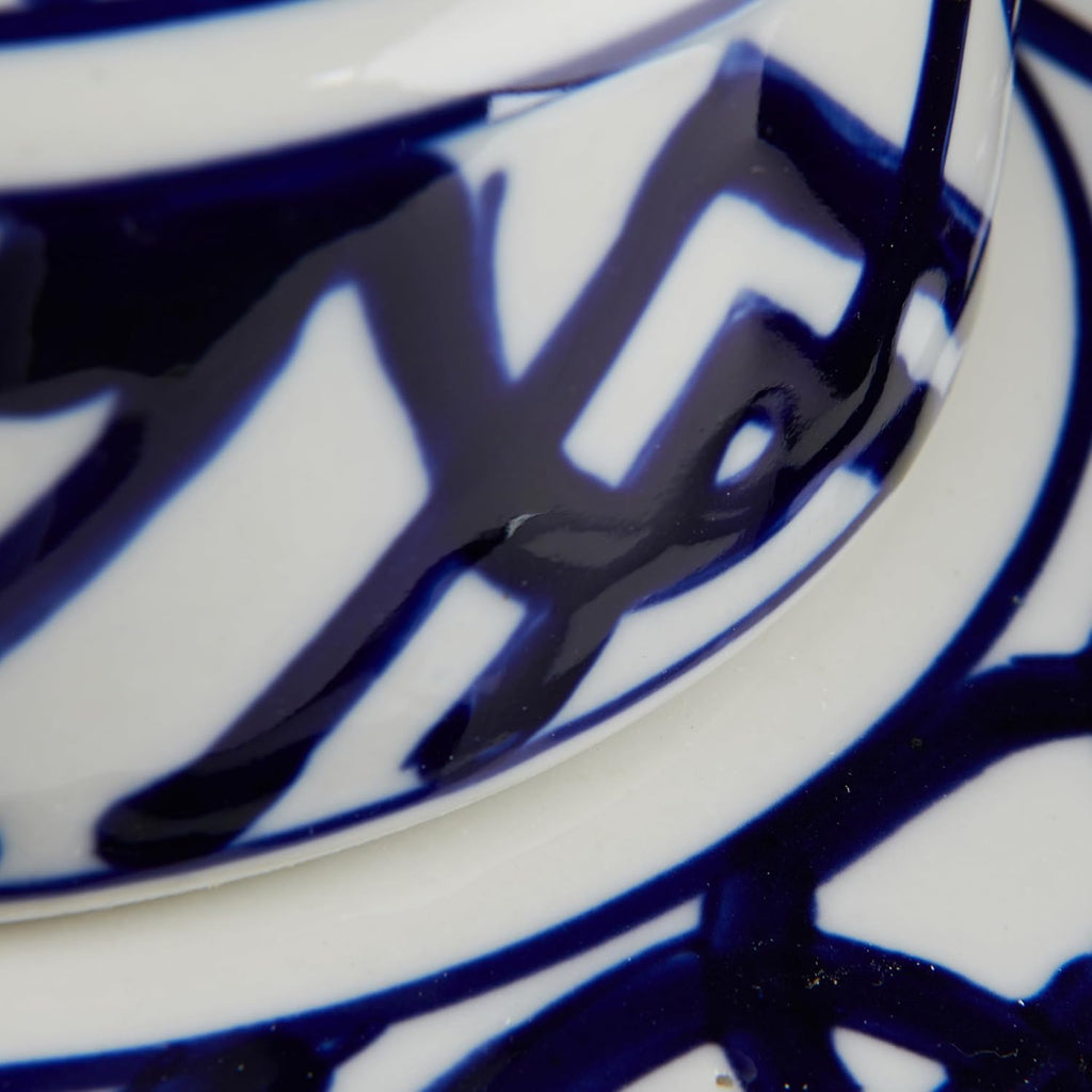 Decorative Square Ceramic Ginger Jar with Lid, Blue and White Geometric Fretwork