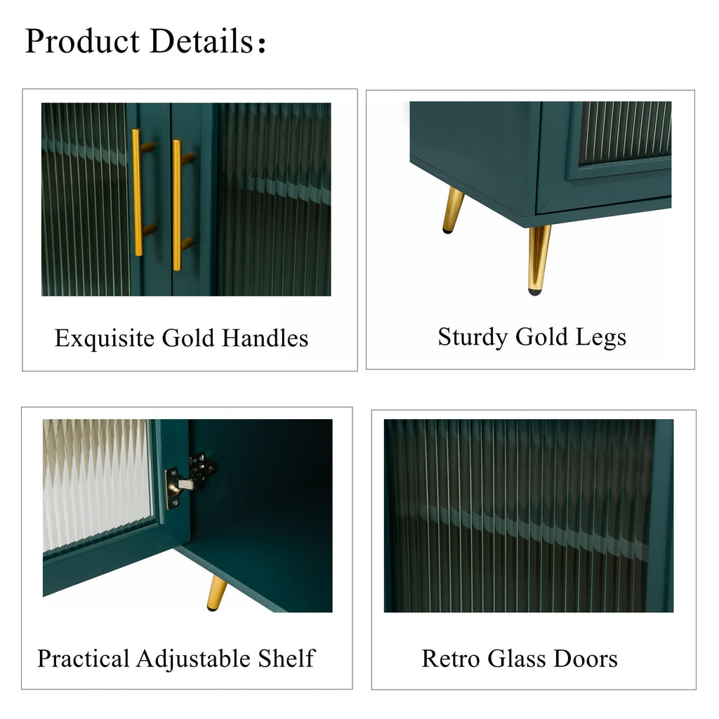 Glass Door Storage Sideboard with Gold Metal Handles&Legs, Modern Coffee Bar Buffet Cabinet with Adjustable Shelf