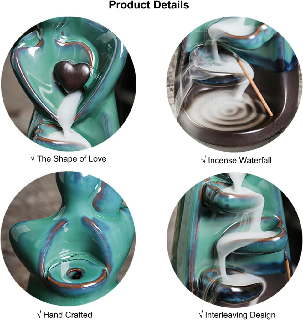 Ceramic Incense Holder, Creative Incense Waterfall Ornament, Backflow Incense Burner with 20 Cones + 30 Sticks, Zen
