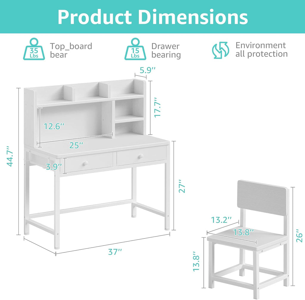 White Kids Desk with Hutch for Kids Desk and Chair Set 10-12 Year Old, Children Study Desk with Fabric Drawer Storage