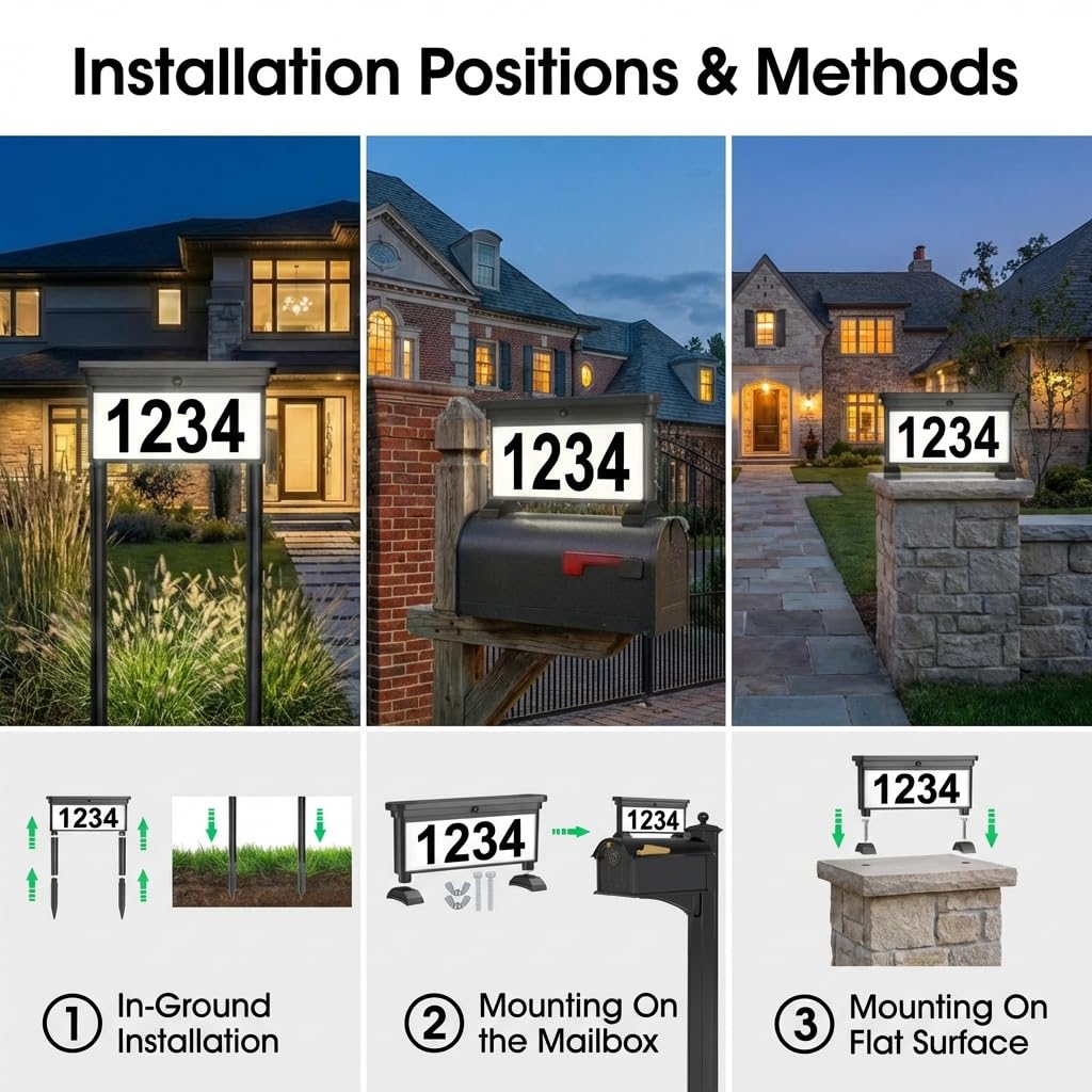 Solar Address Sign for Yard: 29" Double-Sided Lighted House Numbers with 12 Color Modes, 2-in-1 Dual Mounting (Stake