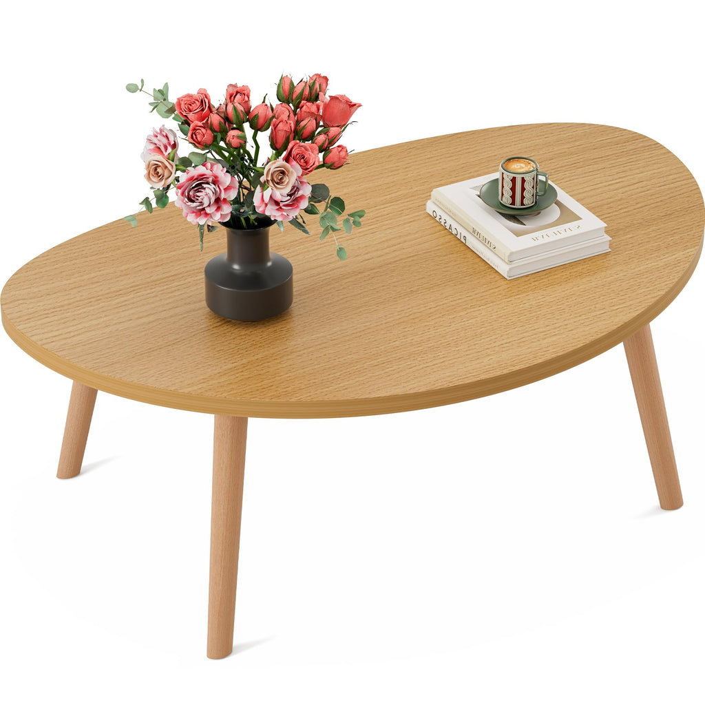 Coffee Table, 31.5" Low Coffee Tables with Solid Wood Legs Kidney Natural