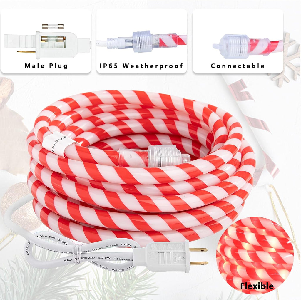 Christmas Candy Cane Rope Lights - 18FT LED Fairy Lights IP65 Waterproof Connectable Tube Lights for Outdoor Patio