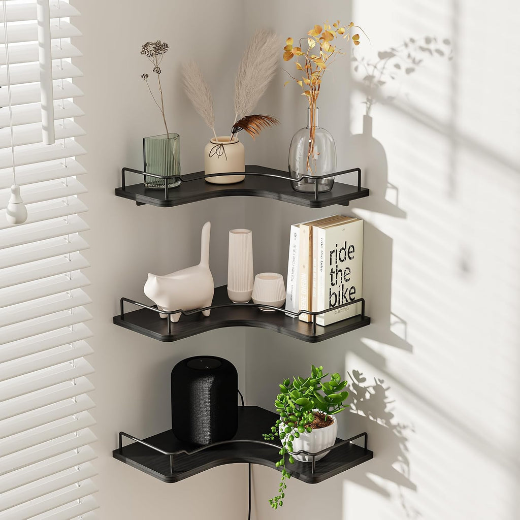 L-Shaped Corner Floating Shelves Set of 3,Rustic Wood Wall Mounted Storage Shelves,Display Shelf (Black)