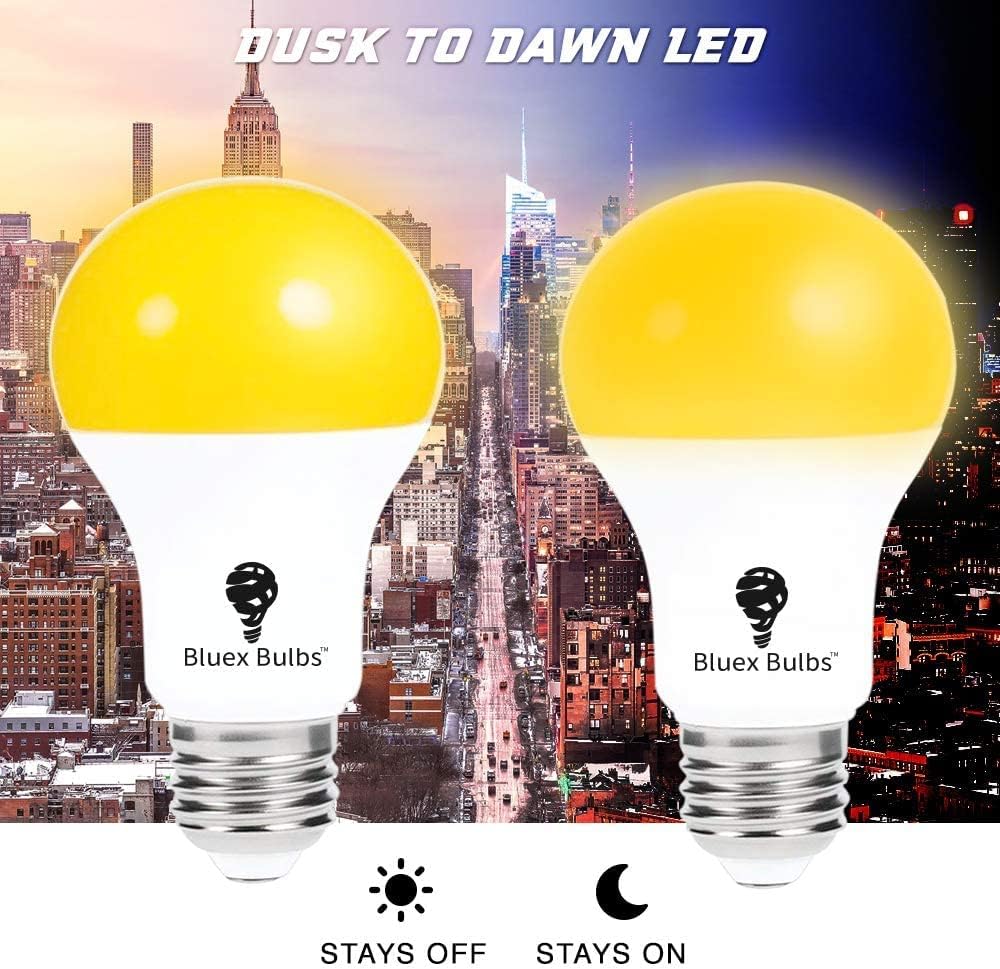 4 Pack LED Dusk to Dawn A19 Bug Light Bulb, Yellow Amber Light With Automatic Sensor, Porch Security Light, Auto